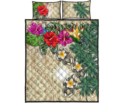Marshall Islands Polynesian Quilt Bed Set - Hibiscus Turtle Tattoo Beige
