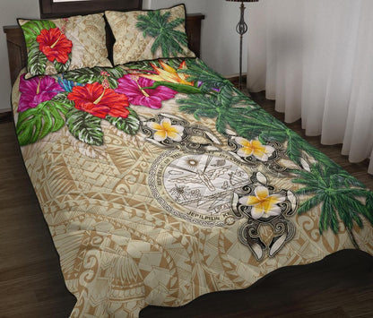 Marshall Islands Polynesian Quilt Bed Set - Hibiscus Turtle Tattoo Beige