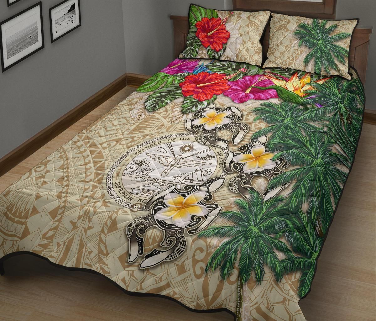 Marshall Islands Polynesian Quilt Bed Set - Hibiscus Turtle Tattoo Beige