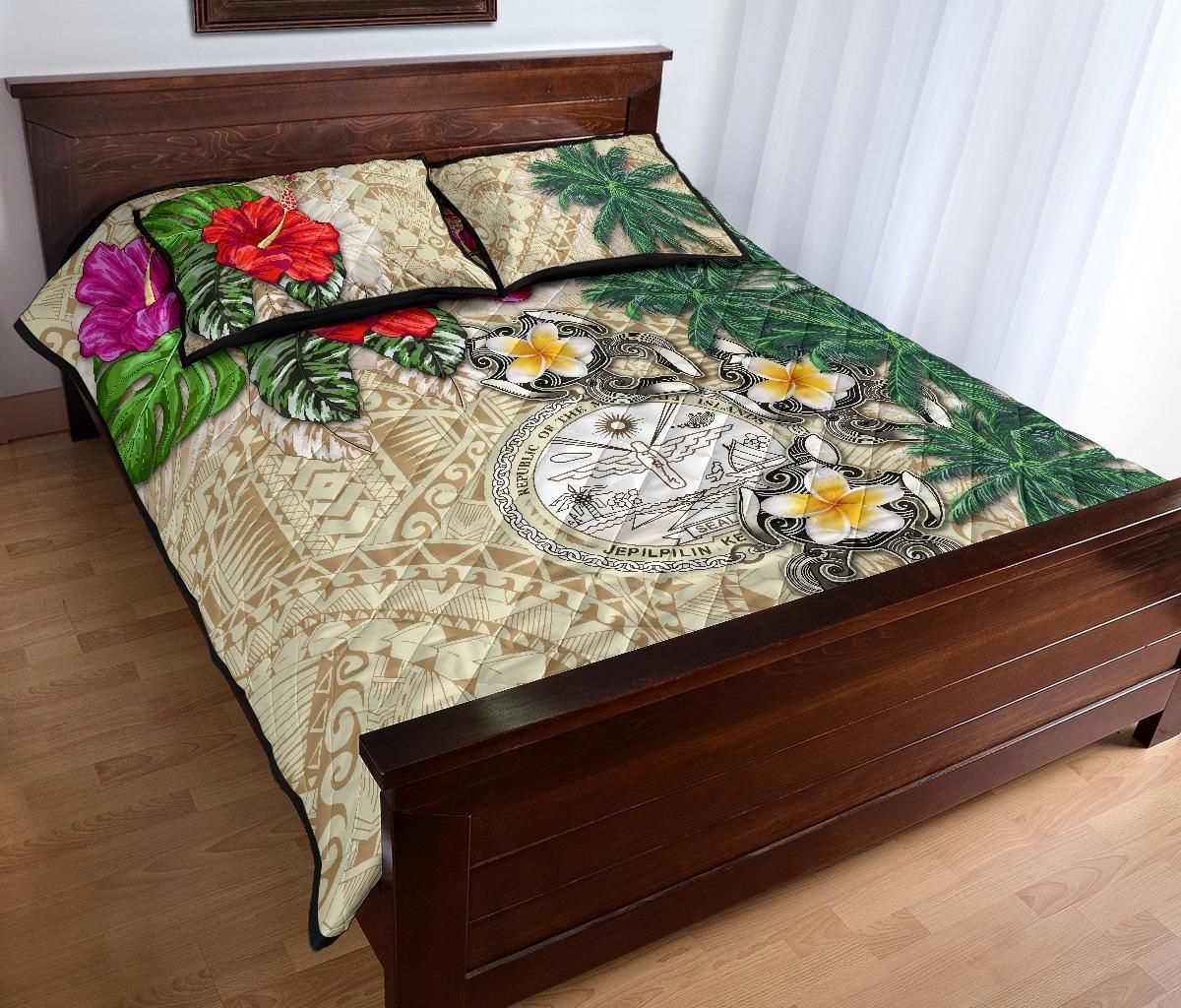 Marshall Islands Polynesian Quilt Bed Set - Hibiscus Turtle Tattoo Beige