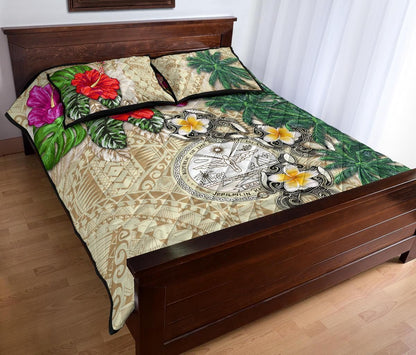 Marshall Islands Polynesian Quilt Bed Set - Hibiscus Turtle Tattoo Beige