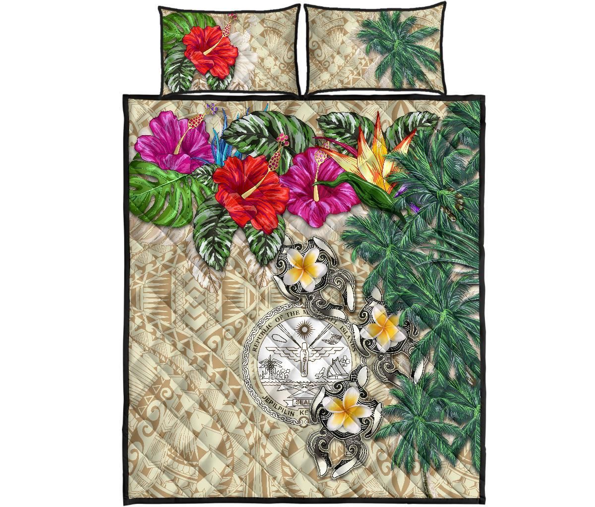 Marshall Islands Polynesian Quilt Bed Set - Hibiscus Turtle Tattoo Beige