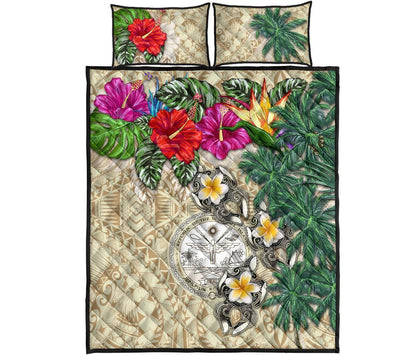 Marshall Islands Polynesian Quilt Bed Set - Hibiscus Turtle Tattoo Beige