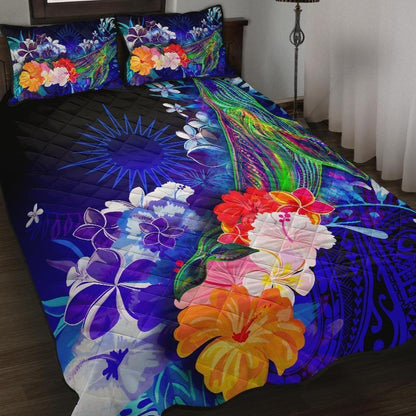 Marshall Islands Quilt Bed Set - Humpback Whale with Tropical Flowers (Blue)