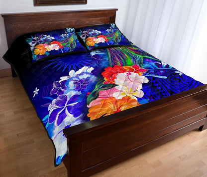 Marshall Islands Quilt Bed Set - Humpback Whale with Tropical Flowers (Blue)