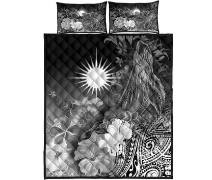 Marshall Islands Quilt Bed Set - Humpback Whale with Tropical Flowers (White)