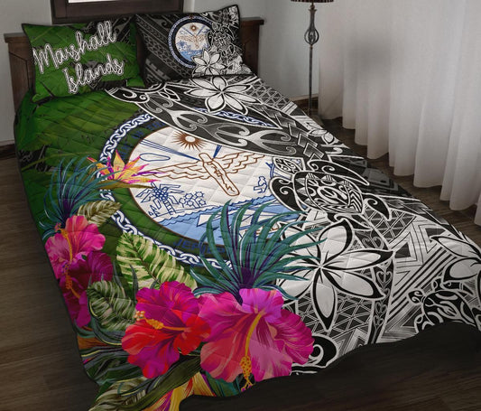 Marshall Islands Quilt Bed Set - Turtle Plumeria Banana Leaf Crest