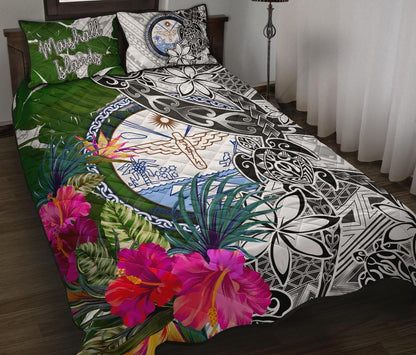 Marshall Islands Quilt Bed Set White - Turtle Plumeria Banana Leaf Crest