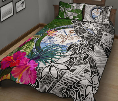 Marshall Islands Quilt Bed Set White - Turtle Plumeria Banana Leaf Crest