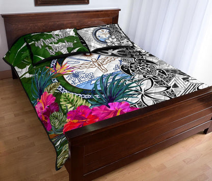 Marshall Islands Quilt Bed Set White - Turtle Plumeria Banana Leaf Crest