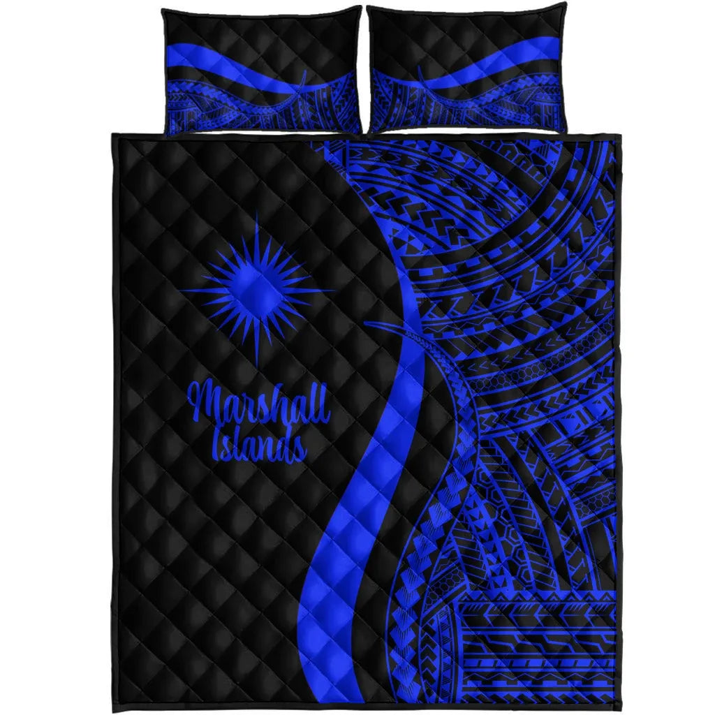 Marshall Islands Quilt Bed Set - Blue Polynesian Tentacle Tribal Pattern
