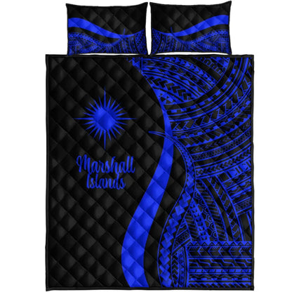 Marshall Islands Quilt Bed Set - Blue Polynesian Tentacle Tribal Pattern
