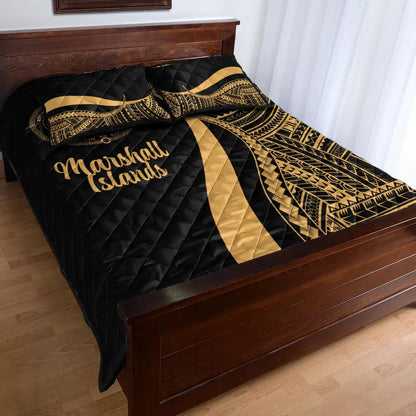 Marshall Islands Quilt Bed Set - Gold Polynesian Tentacle Tribal Pattern Crest