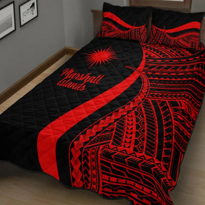 Marshall Islands Quilt Bed Set - Red Polynesian Tentacle Tribal Pattern