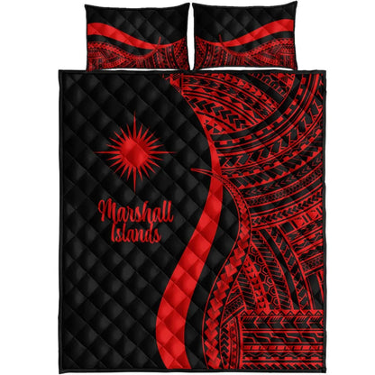 Marshall Islands Quilt Bed Set - Red Polynesian Tentacle Tribal Pattern