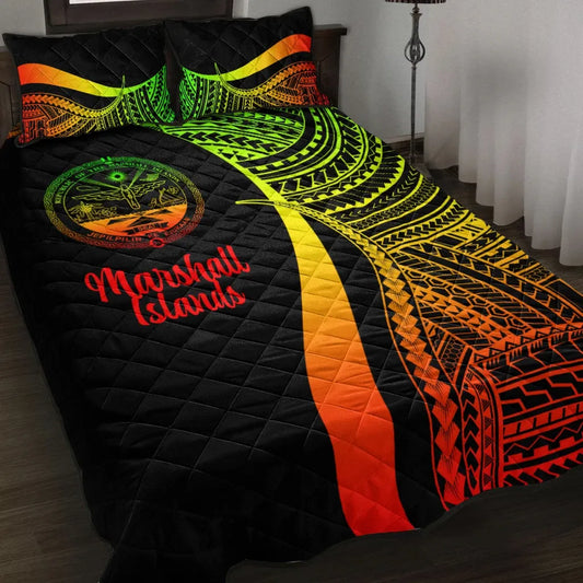 Marshall Islands Quilt Bed Set - Reggae Polynesian Tentacle Tribal Pattern Crest