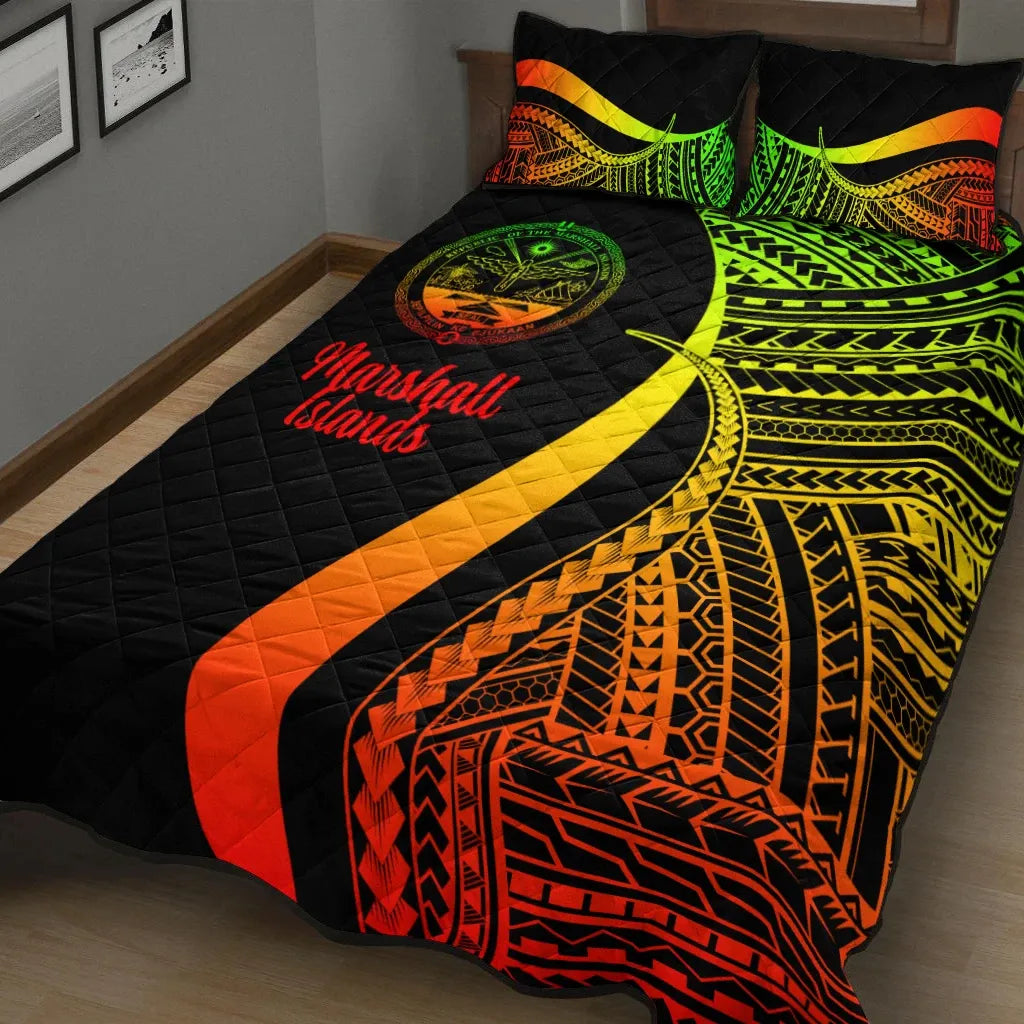 Marshall Islands Quilt Bed Set - Reggae Polynesian Tentacle Tribal Pattern Crest