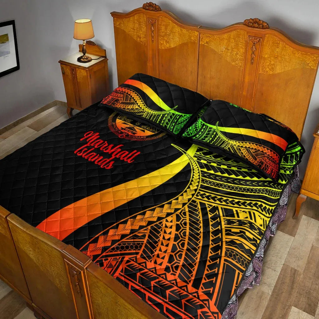 Marshall Islands Quilt Bed Set - Reggae Polynesian Tentacle Tribal Pattern Crest