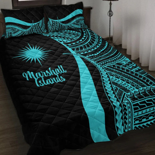 Marshall Islands Quilt Bed Set - Turquoise Polynesian Tentacle Tribal Pattern