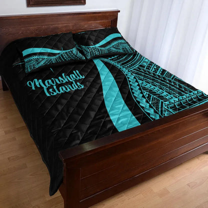 Marshall Islands Quilt Bed Set - Turquoise Polynesian Tentacle Tribal Pattern