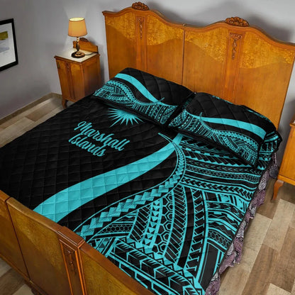 Marshall Islands Quilt Bed Set - Turquoise Polynesian Tentacle Tribal Pattern