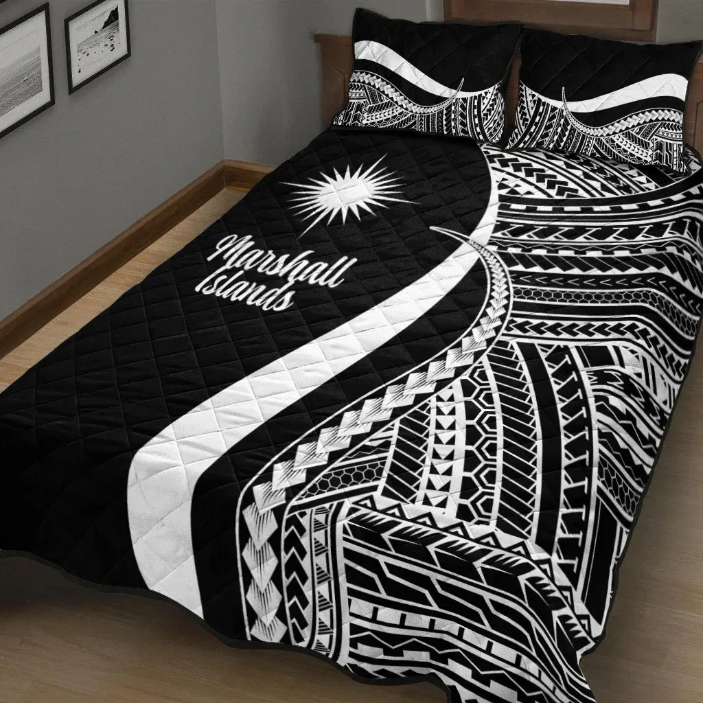 Marshall Islands Quilt Bed Set - White Polynesian Tentacle Tribal Pattern