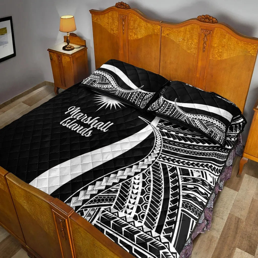 Marshall Islands Quilt Bed Set - White Polynesian Tentacle Tribal Pattern