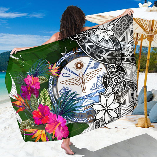 Marshall Islands Sarong White - Turtle Plumeria Banana Leaf Crest