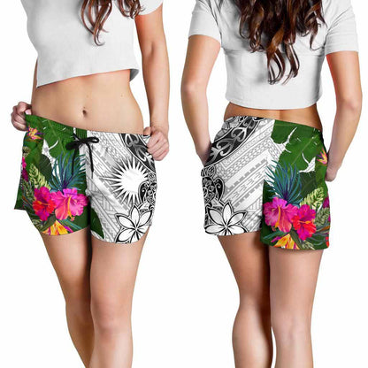 Marshall Islands Women Shorts White - Turtle Plumeria Banana Leaf
