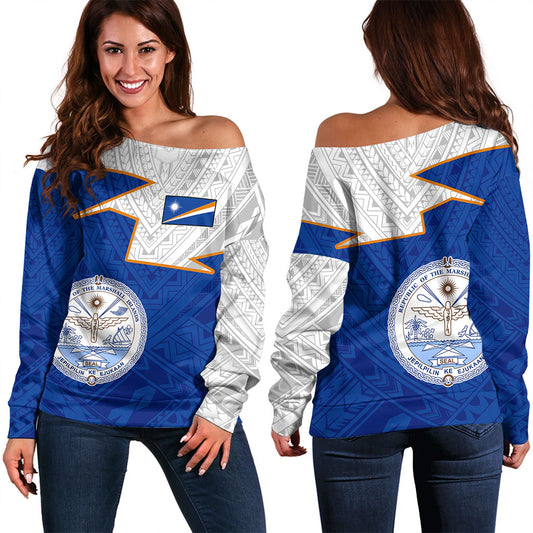 Marshall Islands Off Shoulder Sweatshirt Polynesian Tattoo Flag And Coat Of Arms