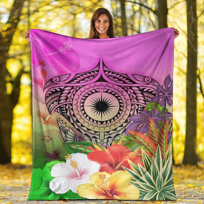 Marshall Islands Polynesian Premium Blanket - Manta Ray Tropical Flowers
