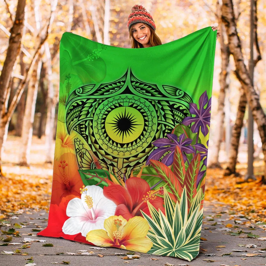 Marshall Islands Premium Blanket - Manta Ray Tropical Flowers (Green)
