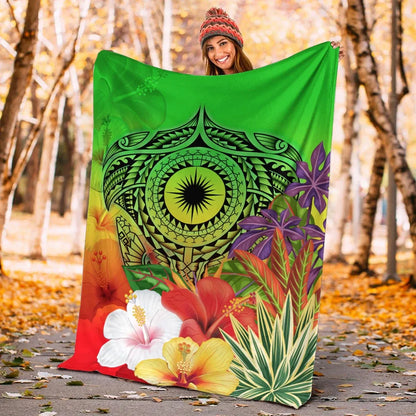 Marshall Islands Premium Blanket - Manta Ray Tropical Flowers (Green)