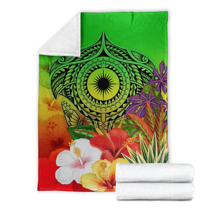 Marshall Islands Premium Blanket - Manta Ray Tropical Flowers (Green)