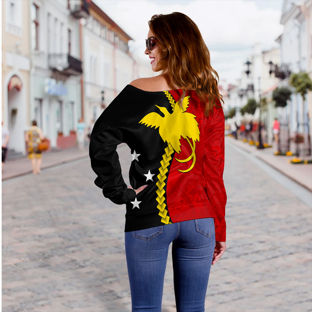 Papua New Guinea Off Shoulder Sweatshirt Melanesian Tribal PNG Half Style