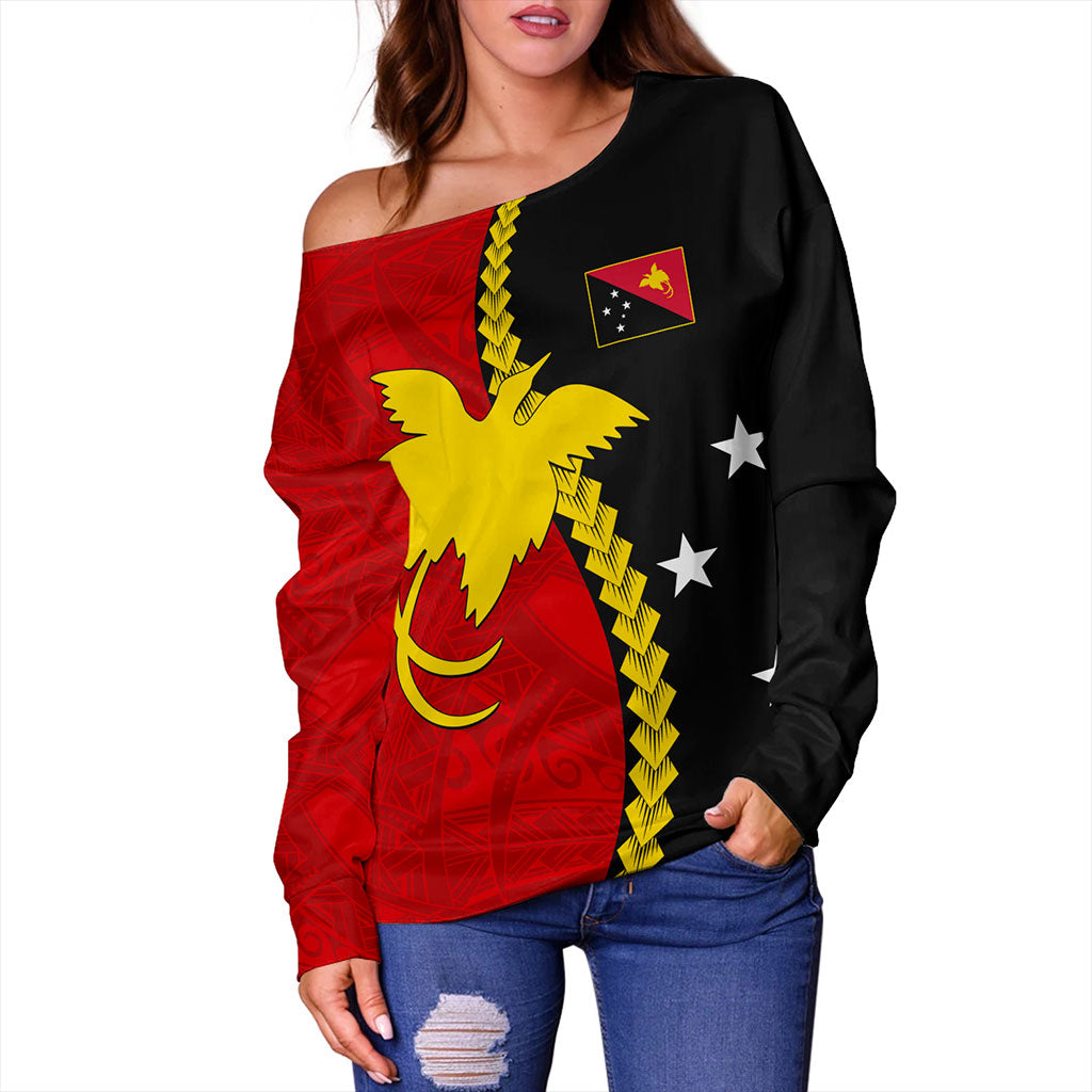 Papua New Guinea Off Shoulder Sweatshirt Melanesian Tribal PNG Half Style