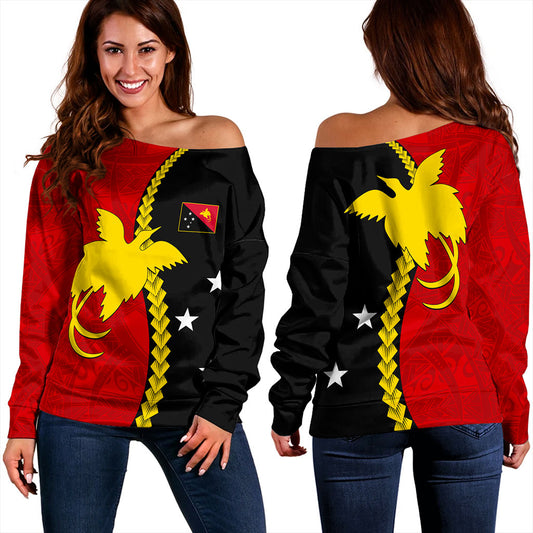 Papua New Guinea Off Shoulder Sweatshirt Melanesian Tribal PNG Half Style