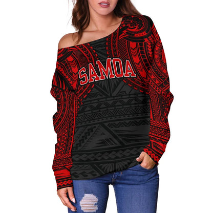 American Samoa Women Off Shoulder Sweater - Red Tattoo Version