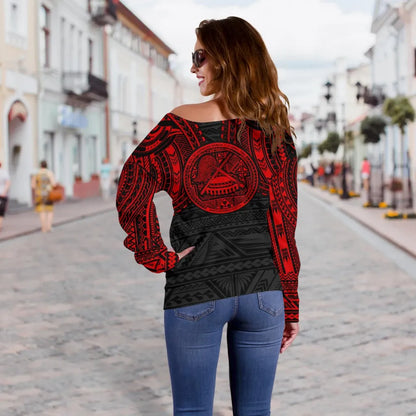 American Samoa Women Off Shoulder Sweater - Red Tattoo Version