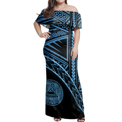 American Samoa Woman Off Shoulder Long Dress Polynesian Tribal Coat Of Arms