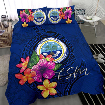Micronesia Bedding Set - Federated States Of Micronesia Duvet Cover Set Floral With Seal Blue