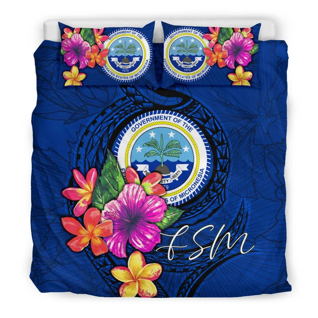 Micronesia Bedding Set - Federated States Of Micronesia Duvet Cover Set Floral With Seal Blue