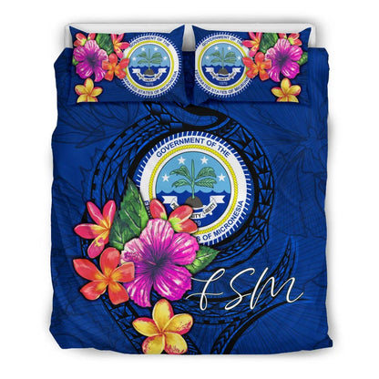 Micronesia Bedding Set - Federated States Of Micronesia Duvet Cover Set Floral With Seal Blue