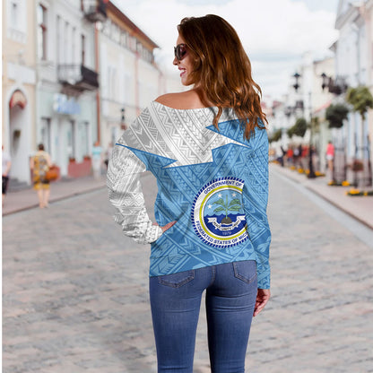 Federated States Of Micronesia Off Shoulder Sweatshirt Polynesian Tattoo Flag And Coat Of Arms