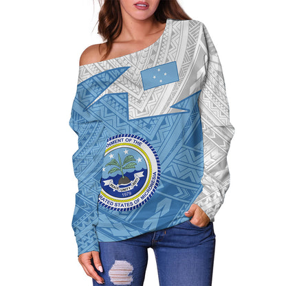 Federated States Of Micronesia Off Shoulder Sweatshirt Polynesian Tattoo Flag And Coat Of Arms