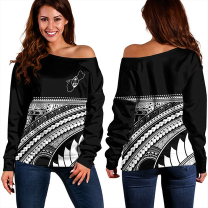 Guam Off Shoulder Sweatshirt Micronesian Map Tribal Style