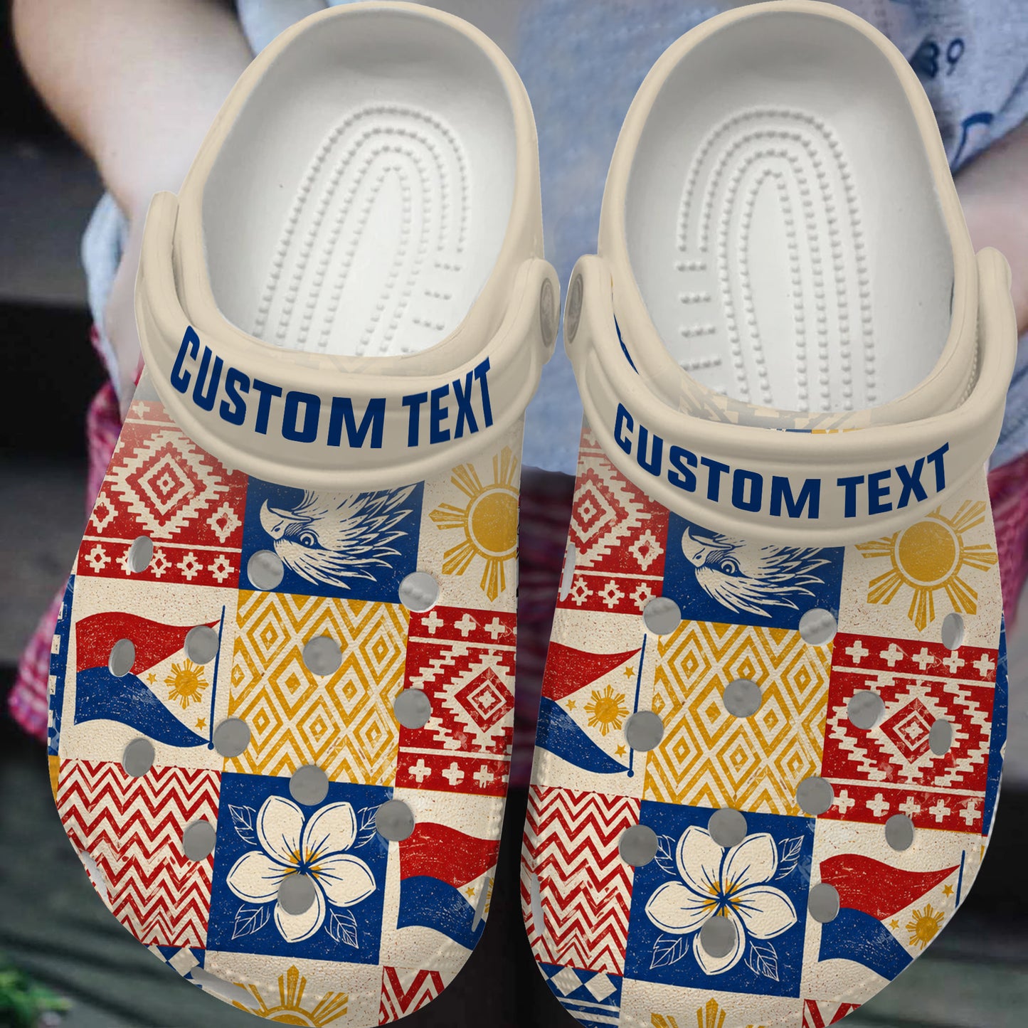 Philippines Filipinos Clogs Shoes Eagle Sun Flag Sampaguita Geometric Quilt Style
