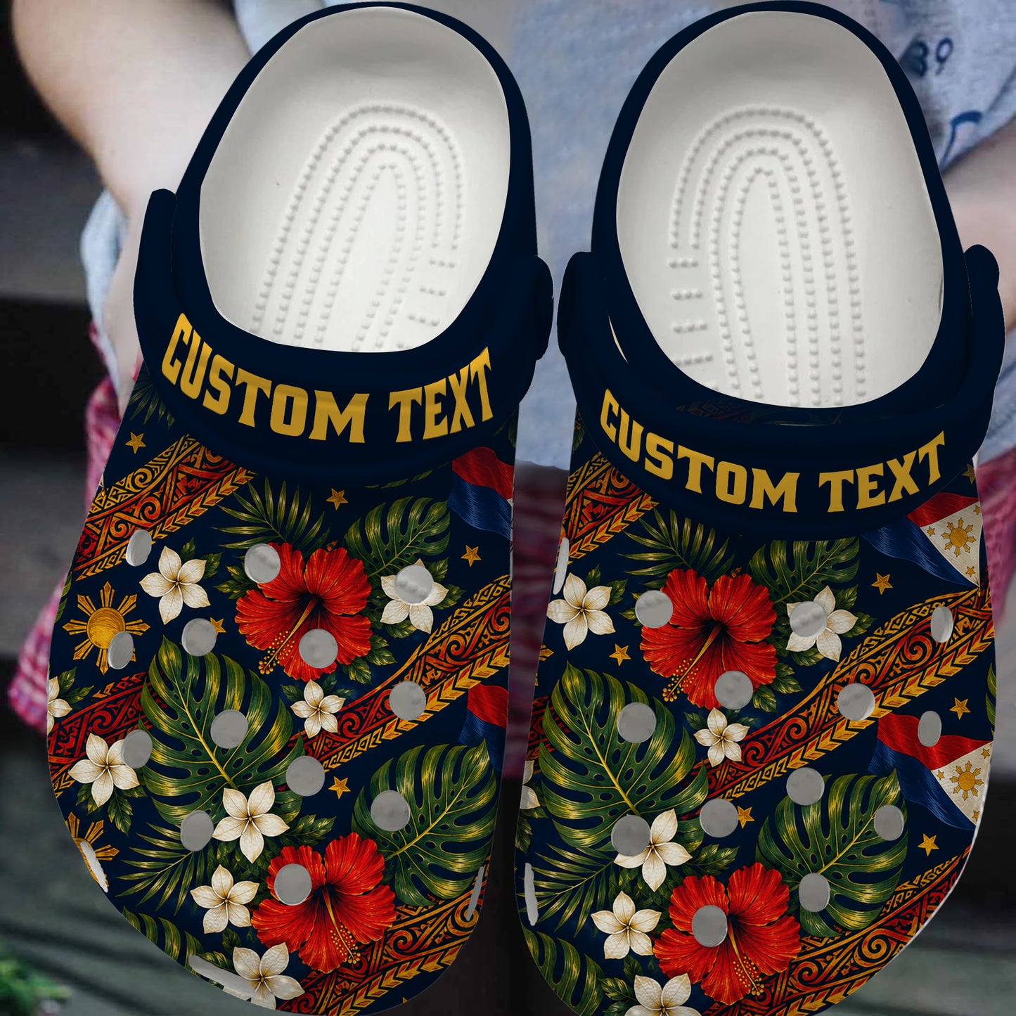 Philippines Filipinos Clogs Shoes Custom Text Sampaguita Hibiscus And Flag