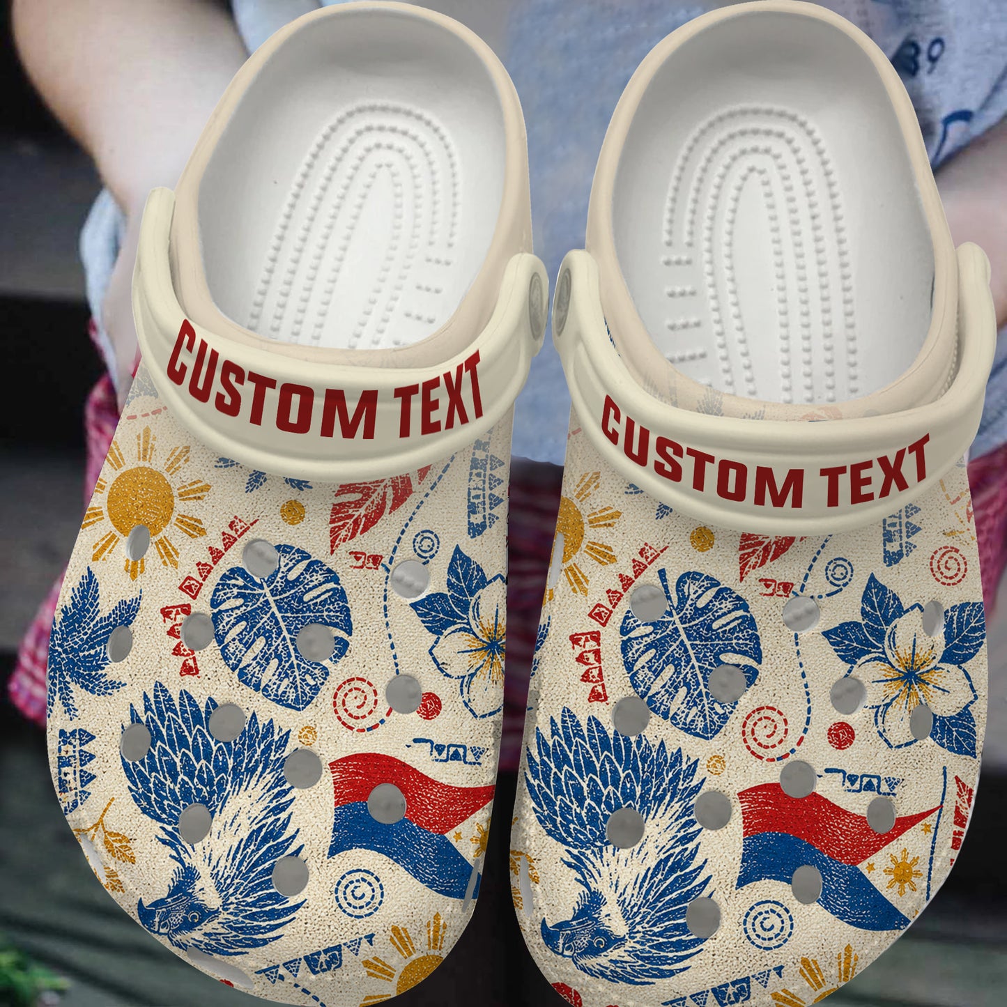 Philippines Filipinos Clogs Shoes Eagle Sun Flag Tropical Floral Vintage Stamp Style