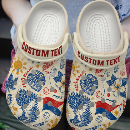 Philippines Filipinos Clogs Shoes Eagle Sun Flag Tropical Floral Vintage Stamp Style
